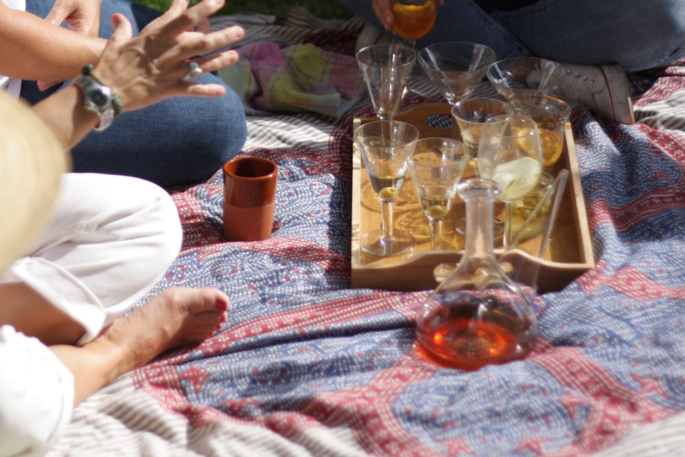 Personen trinken Gin auf Picknickdecke